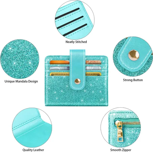 Miniatura 7 de Simikol Billeteras pequeñas para mujer Slim Minimalistfor Bifold Credit Card Holder para bolsillo o monedero, Glitter Tiffany