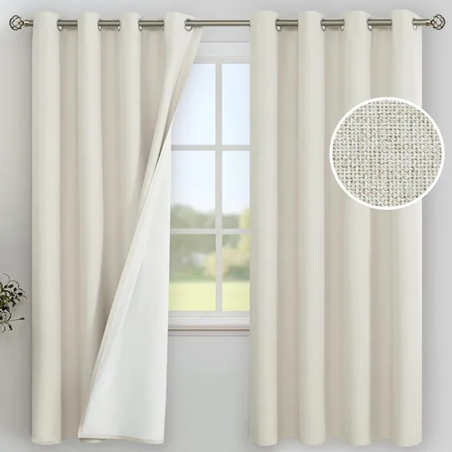 Miniatura 60 de YoungsTex - Cortinas de lino beige 100% opacas para dormitorio de 63 pulgadas de largo, cortinas cortas con aislamiento térmico y ojales