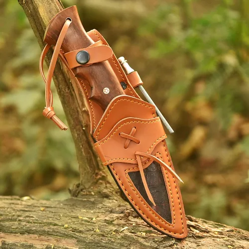 Miniatura 5 de Cuchillo de caza de Damasco hecho a mano de 10 pulgadas con funda de cuero, ideal para desollar, acampar, al aire libre, cuchillo de bushcraft