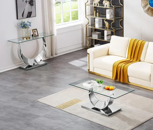 Miniatura 138 de Mesa de centro de cristal de lujo, mesa de centro de sofá de 47 pulgadas con marco de acero inoxidable dorado y parte superior de vidrio negro, mesa