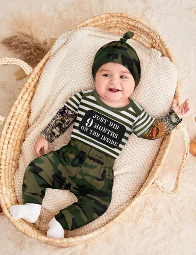 Miniatura 15 de Conjunto de 3 piezas de ropa para bebé y niño, manga de tatuaje, mameluco divertido y pantalones