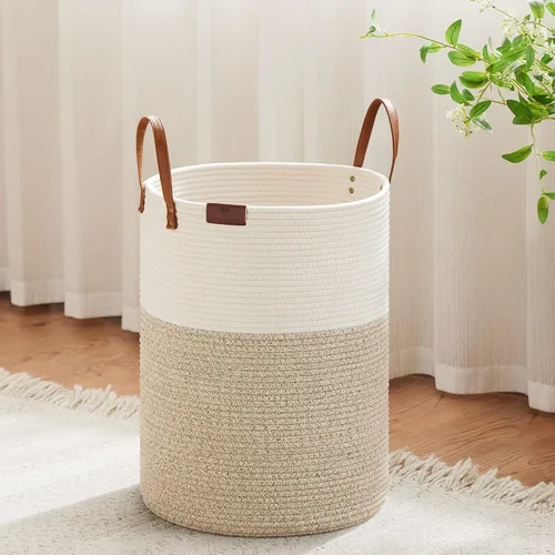 Miniatura 28 de VIPOSCO Cesta alta para ropa sucia, cesta grande para ropa sucia con mango de cuero, cesta de almacenamiento de cuerda tejida para manta, juguete
