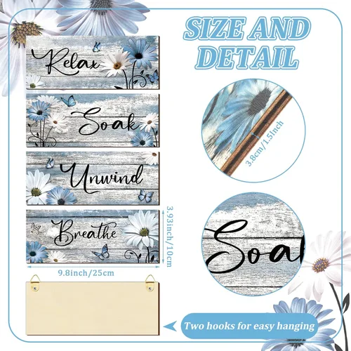 Miniatura 2 de Sunnyray 4 carteles de decoración de pared de baño de granja, margaritas y mariposas, arte de pared para baño, relajarse y relajarse, respirar, Azul