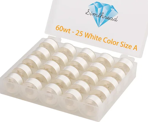 Simthread 25 piezas de hilo de bobina preenrollado blanco tamaño A clase 15 (SA156) 60WT con caja de plástico de almacenamiento transparente 70D/2