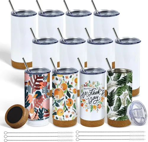 Miniatura 7 de Paquete de 6 vasos de sublimación aislados de 17 onzas a granel, vasos de doble pared de acero inoxidable con base de silicona de corcho y tapa