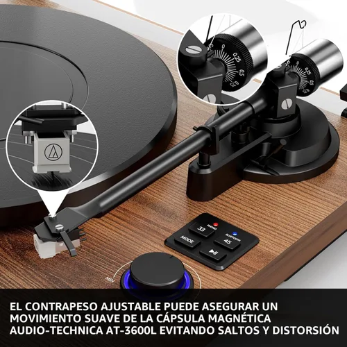 Miniatura 2 de Sistema de tocadiscos Bluetooth HiFi con altavoces de estantería de 36 vatios, reproductor de discos de vinilo con diseño patentado con cartucho