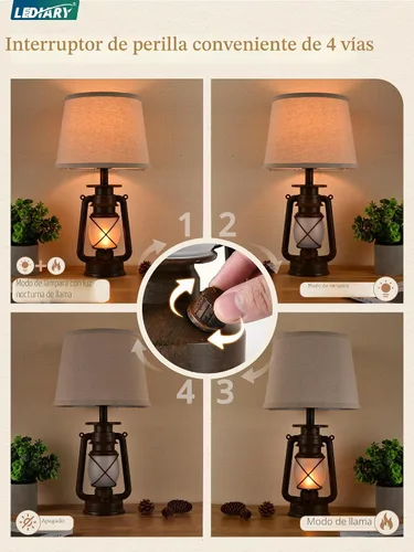 Miniatura 3 de LEDIARY Juego de 2 lámparas de mesa LED vintage de linterna parpadeante de llama para dormitorios, pequeñas lámparas rústicas de estilo granja