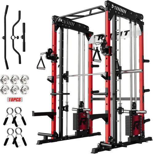 Miniatura 16 de RitFit Paquete de máquina M1 Pro Smith, jaula de potencia todo en uno con juego de pilas de pesas, incluye sistema LAT Pulldown y cable cruzado