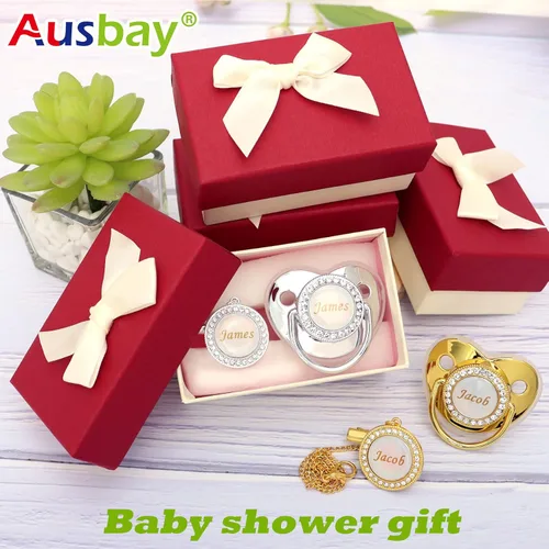 Miniatura 5 de Juego de chupete personalizado con nombre, sin BPA, dorado, plateado, rosa, oro rosa, lujoso, regalo ideal para recién nacidos (plateado)