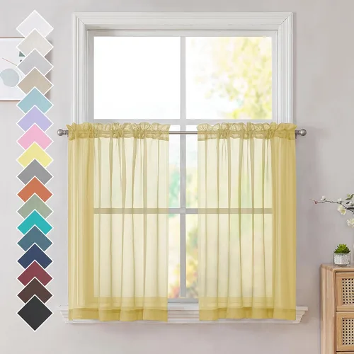 OVZME Cortinas traslúcidas color amarillo mostaza, juego de 2 paneles de 36 pulgadas, cortinas de gasa corta filtrantes de luz, bolsillo para barra,