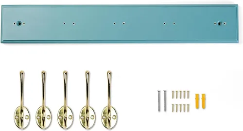Miniatura 4 de Perchero de bambú para montaje en pared, 17 pulgadas, 5 ganchos dobles, azul y dorado Natural