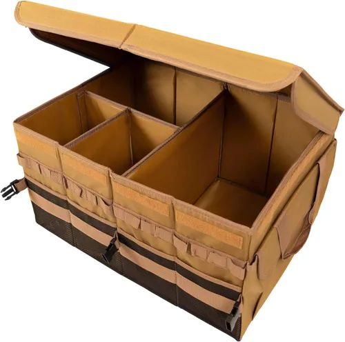 Organizador grande de maletero de 70 L, organizador de maletero con tapa, caja de almacenamiento de carga plegable, marrón, 4 compartimentos con