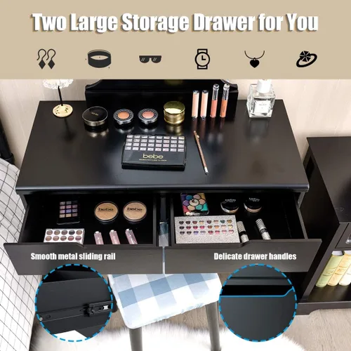 Miniatura 5 de Set de mesa de tocador Giantex con 8 bombillas y interruptor táctil, mesa de maquillaje para niñas princesa con espejo redondo grande, 2 cajones