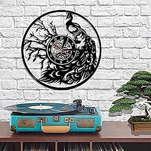 Miniatura 5 de Reloj de pared silencioso de vinilo de pavo real, reloj de pared silencioso para sala de estar, naturaleza salvaje, orgulloso, pájaro, pluma