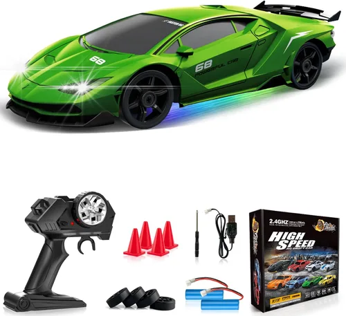 Auto de Control Remoto RC Auto de Deriva 2.4GHz 1:24 4WD 15KM/H Auto de Carreras Deportivas de Alta Velocidad con Luces LED Neumáticos de Deriva
