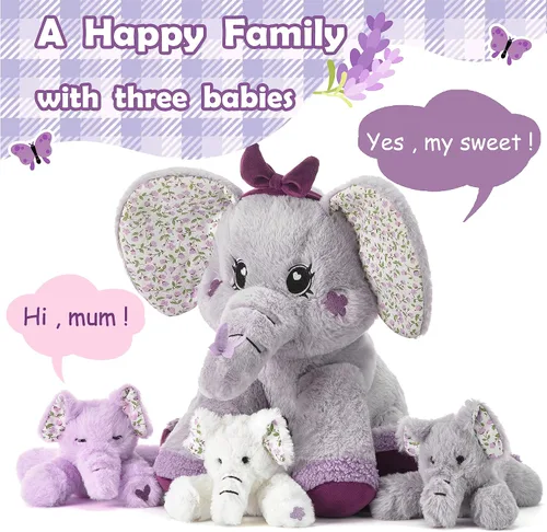 Miniatura 2 de Elefante mamá de peluche de animal de peluche mamá y bebé, lindo juego familiar pequeño de 13 pulgadas con mini bebés, regalos para niños
