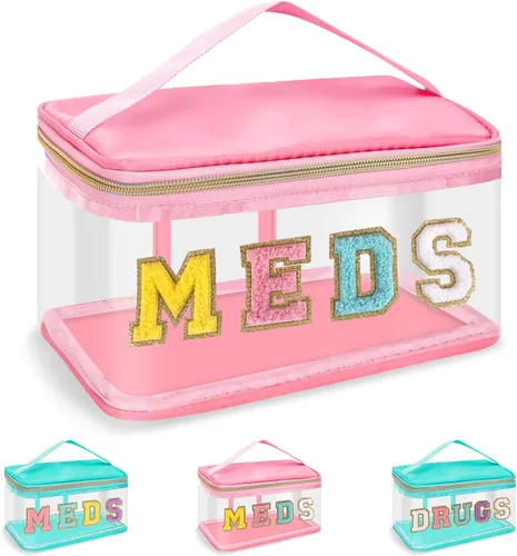 Miniatura 16 de Iqimott Bolsa de parche de felpilla con letras MEDS transparente, bolsa de maquillaje portátil de preparación para mujeres y niñas, viajes, bolsa