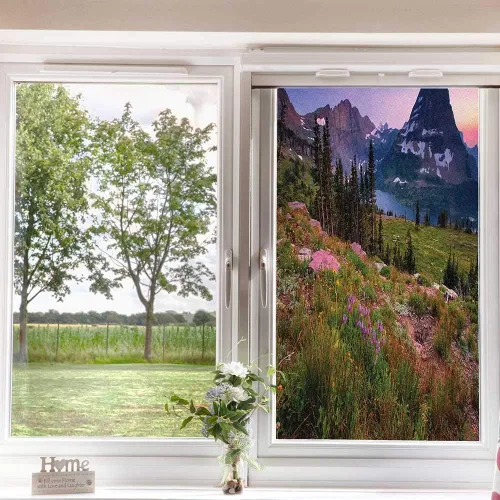 Miniatura 3 de Película escénica de verano para ventana, película de privacidad para ventana, prado floral silvestre en montañas alpinas, puesta de sol, Color 1