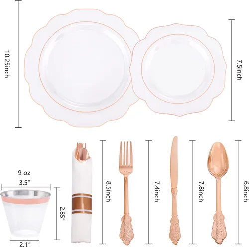 Miniatura 3 de NOCCUR 350 platos de plástico color oro rosa, juego de vajilla desechable de oro rosa transparente, incluye 100 platos de cena/postre, 50 tazas, 50