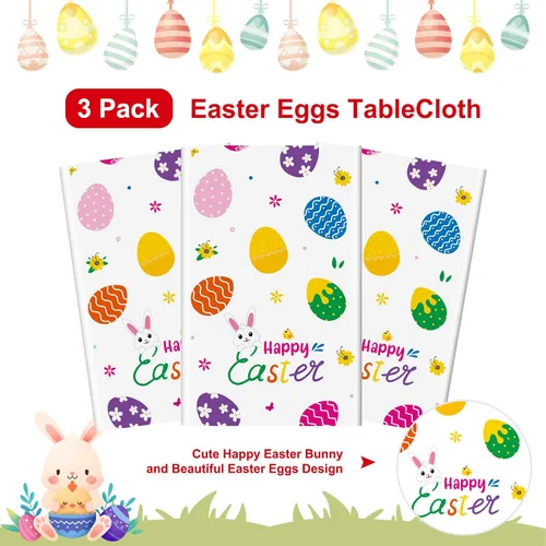 Miniatura 5 de Mantel de Pascua de 3 piezas, funda de mesa de conejo de Pascua, mantel rectangular de plástico desechable con huevos coloridos para primavera, día