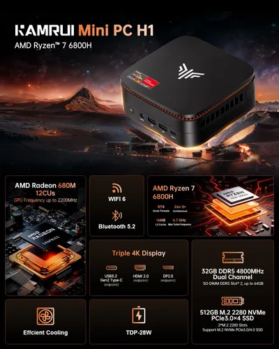 Miniatura 2 de KAMRUI Hyper H1 Mini PC para juegos, AMD Ryzen 7 6800H (Beat 6800U), 16 GB DDR5 4800 MHz 512 GB M.2 NVMe PCIe3.0x4 SSD Mini PC