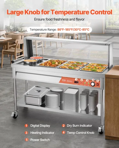 Miniatura 4 de VEVOR Calentador de alimentos comercial, 7 bandejas + 2 ollas, mesa de vapor eléctrica, 1800 W, calentador de alimentos profesional para catering