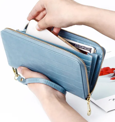 Miniatura 6 de Badiya Cartera para mujer con bloqueo RFID de cuero con cremallera de gran capacidad para tarjetas de crédito bolso largo Azul