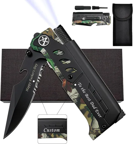 Miniatura 12 de XIPHIAS Damascus XK039DA - Cuchillo de supervivencia 6 en 1, multiherramienta plegable con luz LED, arrancador de fuego, silbato y paracaídas, clip