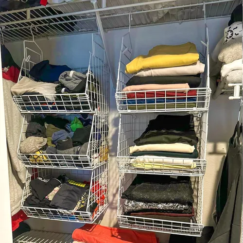 Miniatura 5 de X-cosrack Organizador de armario plegable de 3 niveles, estantes de ropa con 5 ganchos en S, para montaje en pared y armario de alambre para Blanco
