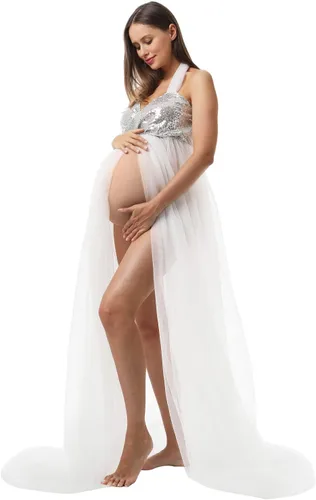 Vestido de maternidad para fotografía, lentejuelas con purpurina, hombros descubiertos, tul con abertura frontal, vestidos de embarazo para sesión