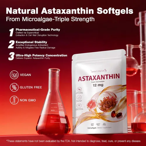 Miniatura 7 de Astaxantina 12 mg, 150 cápsulas blandas – Suministro para 5 meses, suplementos de astaxantina procedentes de microalgas frescas, sin OMG, sin