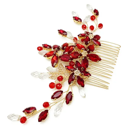 Miniatura 4 de Pieza de pelo de novia de cristal rojo con peine de flores de vid dorada, accesorios para el cabello para bodas, mujeres y niñas (dorado, rojo)