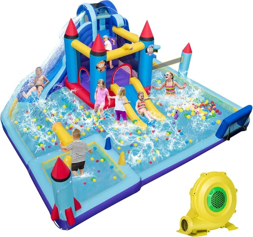 Miniatura 12 de HONEY JOY Tobogán acuático inflable, casa de rebote de agua gigante 8 en 1, parque de toboganes acuáticos con piscina de salpicaduras, gateo