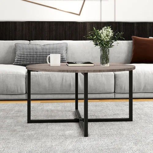 HOMERECOMMEND Mesa de centro redonda para sala de estar, escritorio de té con patas de metal negro, mesa de té, balcón, mesa de sofá, estudio, negro