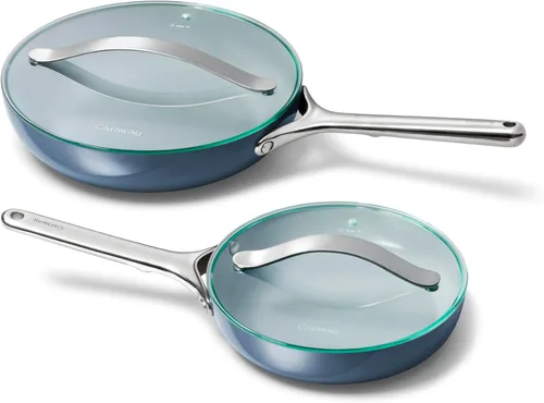Miniatura 23 de Caraway Dúo de Sartenes de Cerámica con Tapas de Vidrio - Sartenes Antiadherentes (10.5" y 8") - No Tóxico, Libre de PTFE y PFOA - Apto para Horno