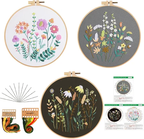 Miniatura 19 de Kit de bordado para principiantes, kits de punto de cruz para adultos, manualidades, 3 piezas, patrón de bordado, hilo de bordado de tela y agujas