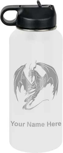 Miniatura 33 de LaserGram Botella de agua con tapa abatible de doble pared de 12 onzas con pajilla, dragón, grabado personalizado incluido (negro)