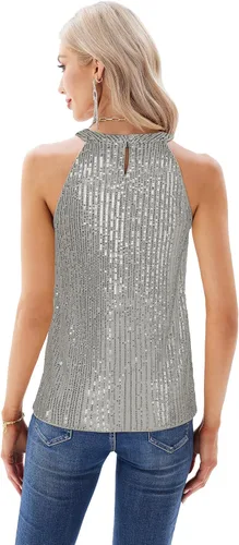 Miniatura 4 de GRACE KARIN Camisetas halter de lentejuelas para mujer, sin mangas, brillantes, fruncidas, fluidas, brillantes, para club, camisa de fiesta
