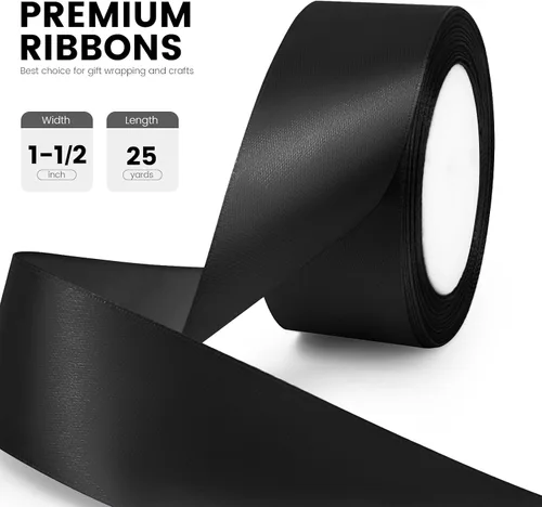 Miniatura 2 de Cinta de satén de 1-1/2 pulgadas x 25 yardas, cinta de seda negra ideal para envolver regalos, ramos florales, manualidades, decoraciones de fiesta