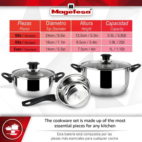 Miniatura 2 de MAGEFESA Family - Juego de utensilios de cocina de acero inoxidable de 5 piezas, tapas de vidrio templado con rejillas de ventilación, compatibles