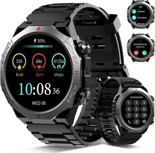 Relojes inteligentes militares para hombres (respuesta/hacer llamadas), relojes de fitness HD de 1.39 pulgadas, monitor de frecuencia