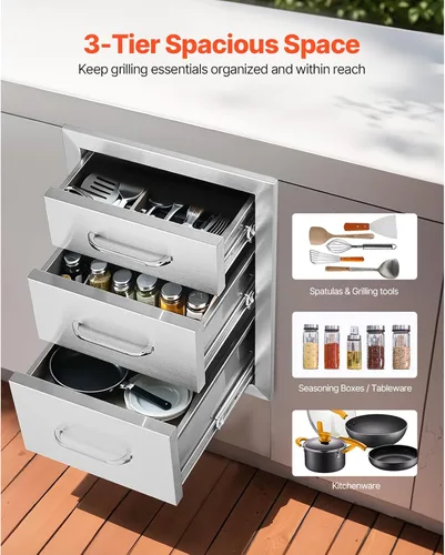 Miniatura 3 de VEVOR Cajones de cocina para exteriores de 14 x 20.3 pulgadas, cajones triples de montaje empotrado, 14 pulgadas de ancho x 20.3 pulgadas de alto x