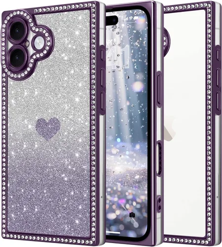 Miniatura 13 de Funda para iPhone 13, funda de diamantes de imitación de lujo con patrón de corazón de amor de cristal [papel con purpurina extraíble], parachoques