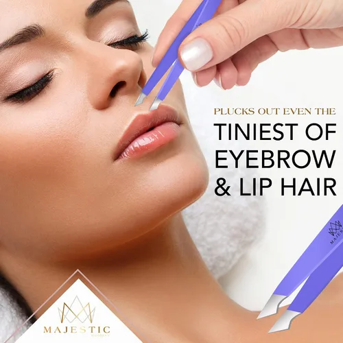 Miniatura 5 de Majestic Bombay Pinzas de punta fina + inclinadas para mujeres y hombres, garrapatas astilladas, depilación facial, cejas y encarnadas, afiladas