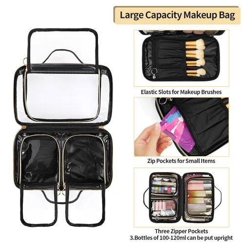 Miniatura 3 de OCHEAL Neceser de viaje, organizador de maquillaje transparente de doble capa, bolsa de cosméticos de gran capacidad para mujeres que viajan