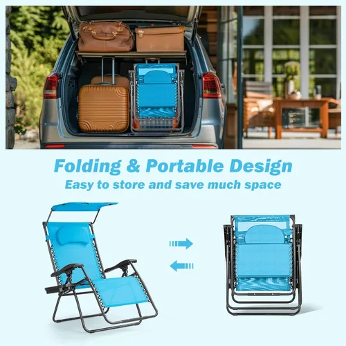 Miniatura 7 de Goplus Sillas Zero Gravity, Silla de jardín plegable y reclinable extra grande con toldo y soporte para tazas, Silla reclinable plegable ajustable