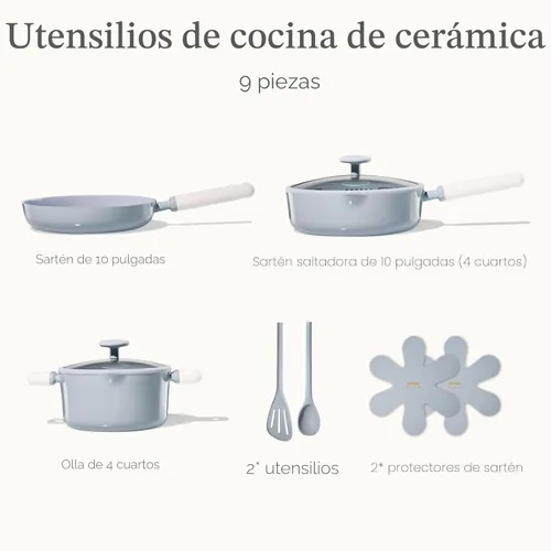 Miniatura 2 de CAROTE - Juego de ollas y sartenes antiadherentes, juego de utensilios de cocina de cerámica, juego de cocina azul para inducción con vaporera