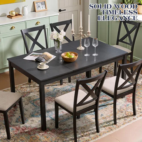 Miniatura 6 de YUMPIE Juego de mesa de comedor de madera de 60 pulgadas, juego de mesa y sillas de comedor de madera de 7 piezas, mesa de cocina con 6 sillas