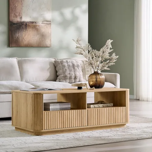 ACCOHOHO Mesa de centro acanalada de 51 pulgadas con almacenamiento, mesa central grande y moderna con 2 cajones, mesa auxiliar rectangular de Roble