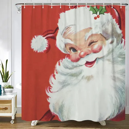 Cortina de ducha vintage de Navidad Jolly Santa cortina de baño, cortina impermeable de poliéster con ganchos